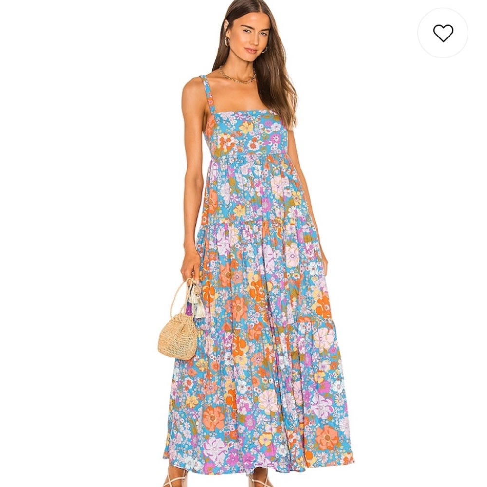 Free People Blue Floral Maxi Dress with Orange & Pink Blooms